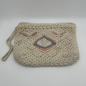 Vintage Cream White Macrame/Crochet Lined Clutch/Wristlet Purse‎ Bag 10"